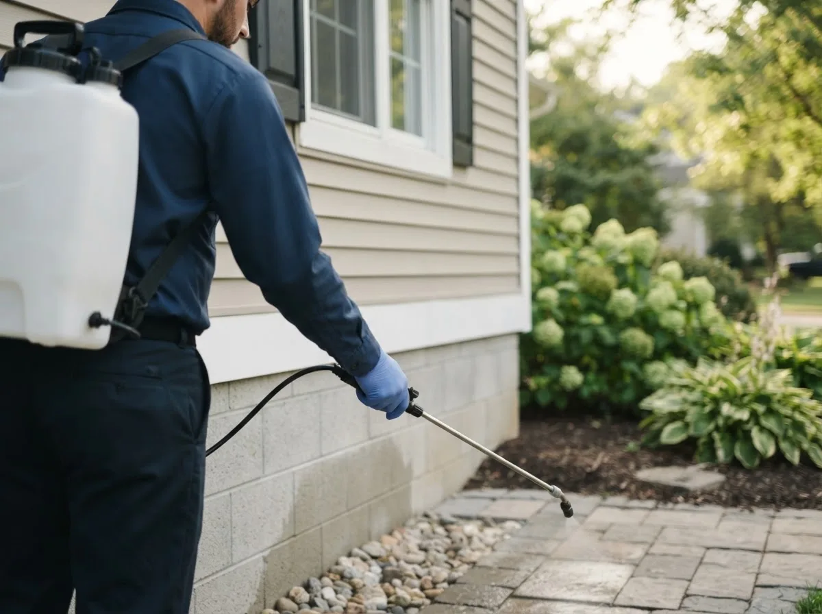 Pest control technician inspecting a home in Central City, PA